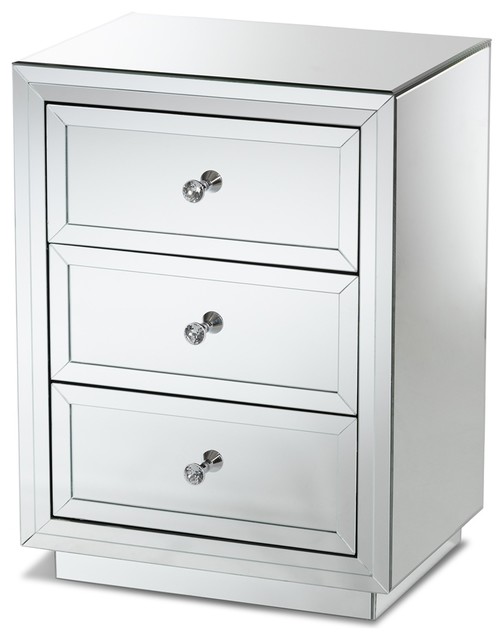 Modern Glamour Style Mirrored Three Drawer Nightstand BedSide Table
