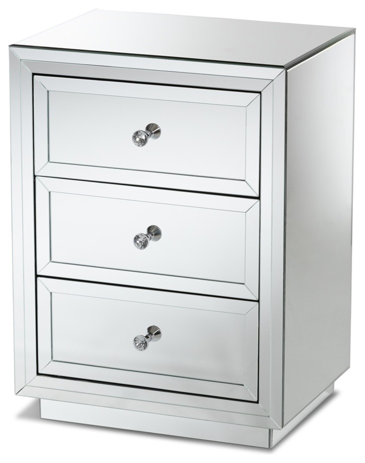 Modern Glamour Style Mirrored Three Drawer Nightstand Bedside