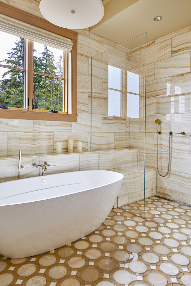 Transitional master marble tile mosaic tile floor and single-sink freestanding bathtub photo in Seattle with flat-panel cabinets, light wood cabinets, an undermount sink, a hinged shower door, white countertops and a built-in vanity