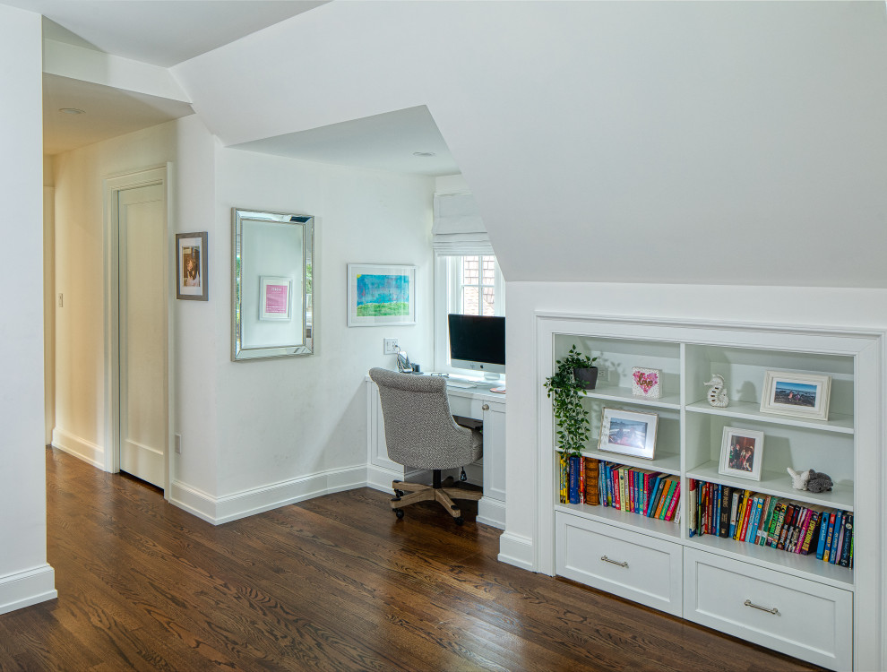 Teen Wing - Inspiration for a bedroom and large transitional girl medium tone wood floor, brown floor, vaulted ceiling and wallpaper kids' bedroom remodel in New York with white walls