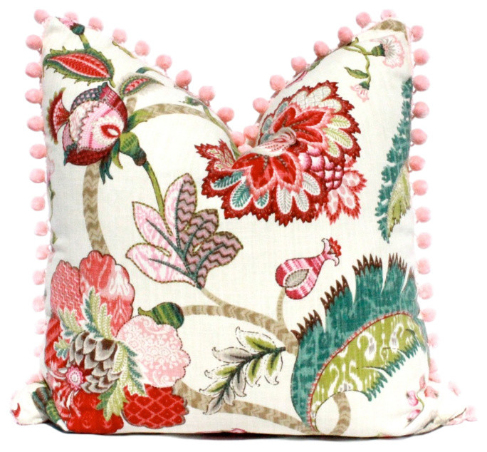 Jacobean Flower Pillow Embellished With Pink Pom Pom Trim