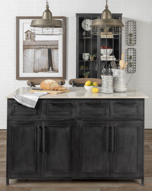 HomeRoots Solid Iron Black Body White Marble Top Kitchen Island With 4 ...