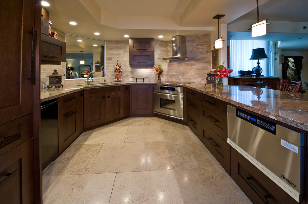 Small asian u-shaped eat-in kitchen in Hawaii with shaker cabinets, dark wood cabinets, granite benchtops, beige splashback, stone tile splashback, panelled appliances, marble floors and a peninsula.