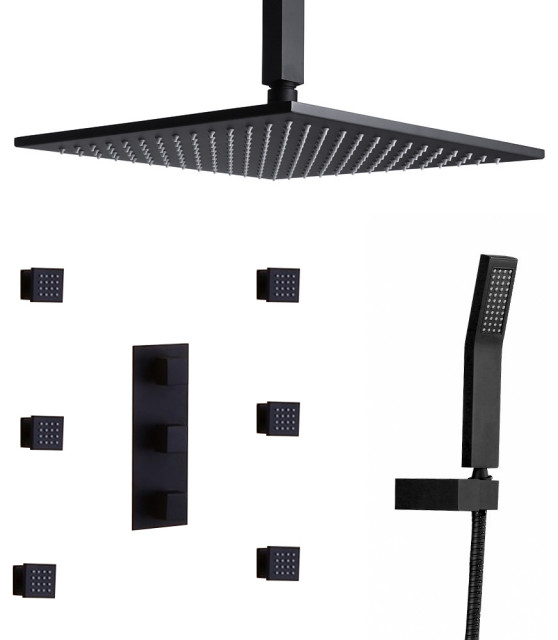 Matte Black Shower System Ceiling Mount 12" Rain Shower Head & 6 Body Sprays Contemporary