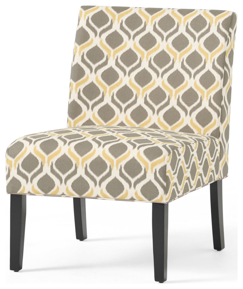 GDF Studio Kalee Contemporary Accent Chair, Yellow and Gray Ikat Pattern/ Matte Black, Fabric
