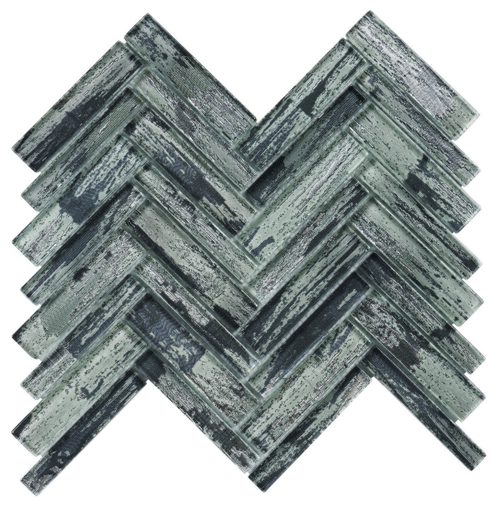 Modket Gray Brushed Metallic Glass Herringbone Mosaic Tile Backsplash