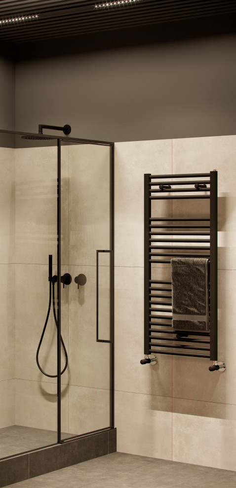 Inspiration for a small contemporary 3/4 bathroom in Other with an alcove shower, a wall-mount toilet, beige tile, porcelain tile, beige walls, porcelain floors, a drop-in sink, black floor and a sliding shower screen.