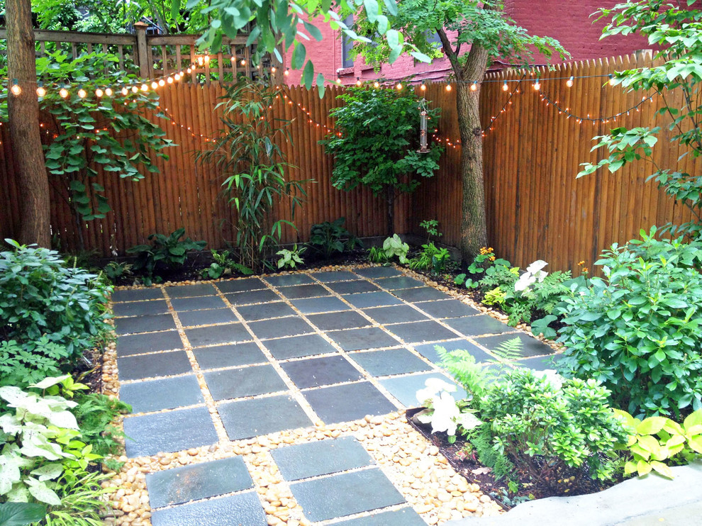 Harlem Backyard Patio Bluestone Pavers, Shade Garden, River Stones, Globe Light Contemporary