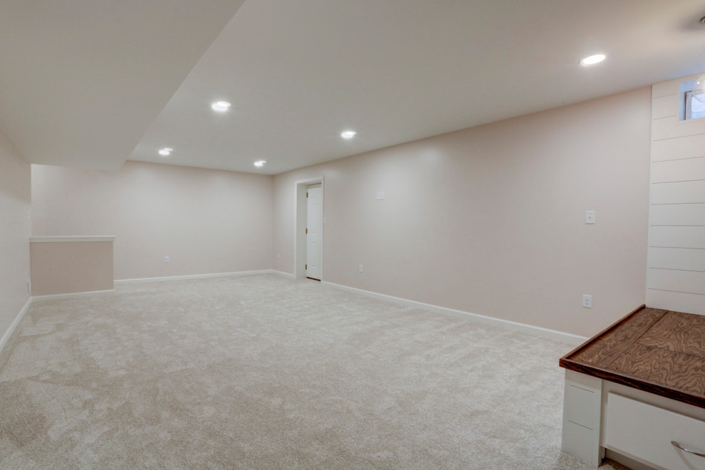 Large arts and crafts look-out carpeted and white floor basement photo in Philadelphia with beige walls