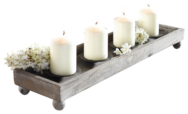 Antique Style Wood Tray With 4 Metal Candleholders Farmhouse Antique Style Wood Tray With 4 Metal Candleholders