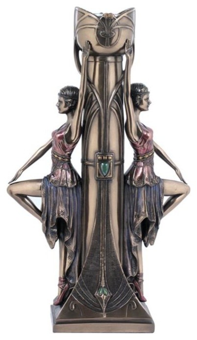 12 Inch Polished Bronzehued Art Deco Candle Holder Posing Ballerinas