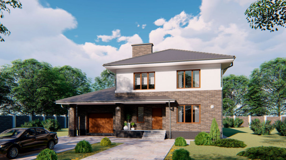 Проект двухэтажного дома с гаражом, балконом и террасой