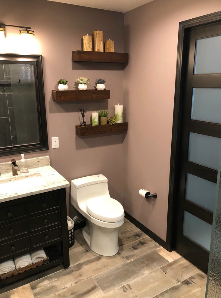Design ideas for a mid-sized asian master bathroom in Minneapolis with ceramic floors, recessed-panel cabinets, dark wood cabinets, a one-piece toilet, brown walls, an undermount sink, granite benchtops, brown floor, an alcove shower, brown tile, porcelain tile and an open shower.
