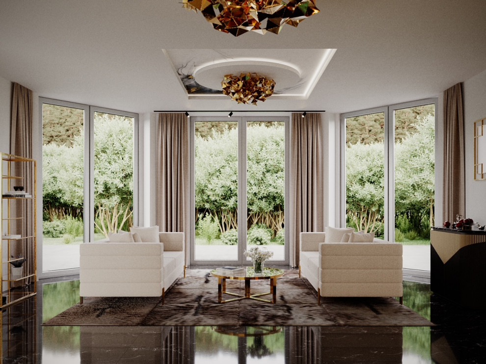 Immagine di un grande soggiorno con sala formale, pavimento in marmo, pavimento nero e soffitto in carta da parati
