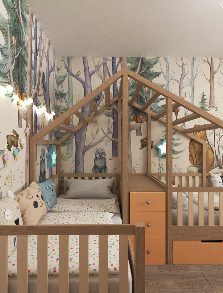 Детская комната с лесными фотообоями для близняшек