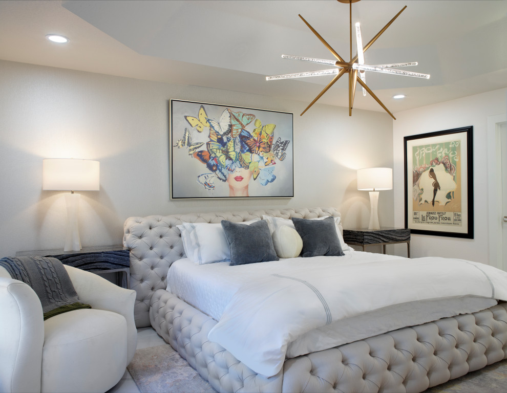 Example of a mid-sized trendy master porcelain tile, white floor and vaulted ceiling bedroom design in Miami with white walls