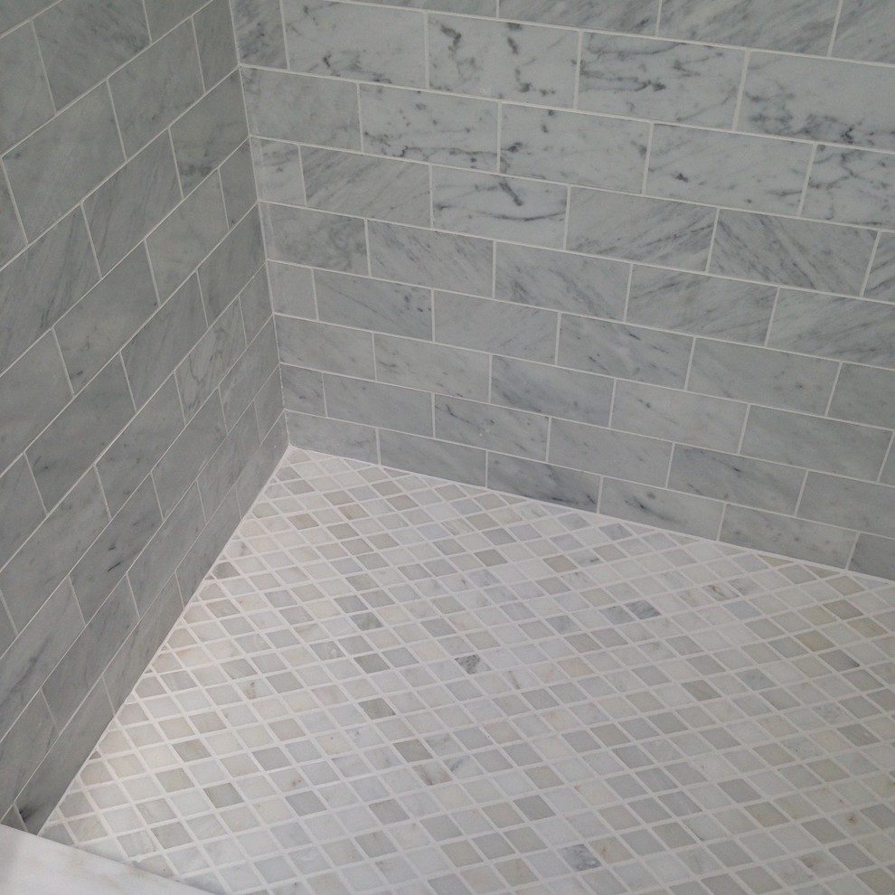 Photo of a large traditional master bathroom in Portland with a curbless shower, gray tile, ceramic tile, grey walls and ceramic floors.