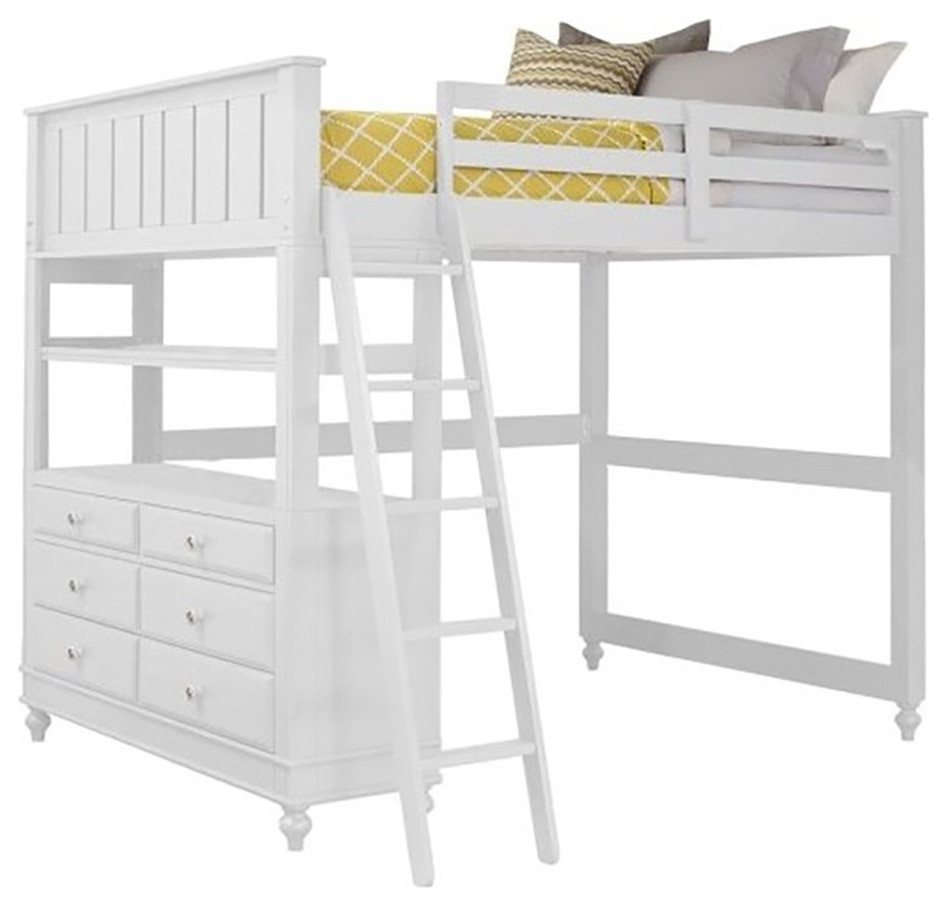Pemberly Row Traditional Wood Full Loft Bed with Desk in White Loft