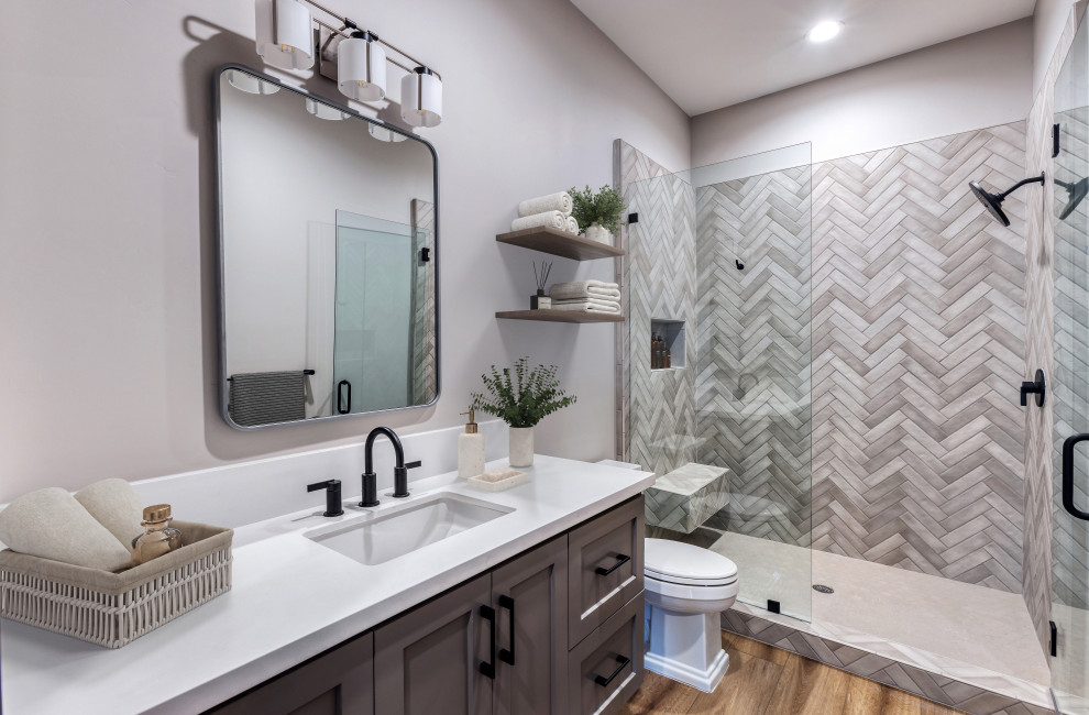 Chevron Tile Walk In Shower & Dark Wood Vanity Bathroom | French Country Transit