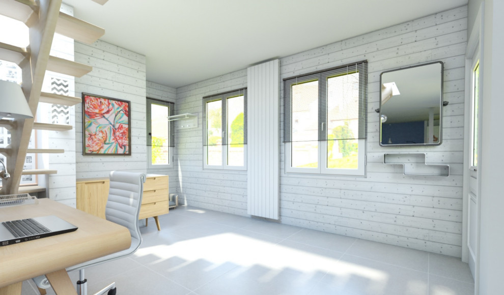 Источник вдохновения для домашнего уюта: фойе среднего размера в стиле ретро с серыми стенами, полом из керамической плитки, одностворчатой входной дверью, белой входной дверью, серым полом и стенами из вагонки