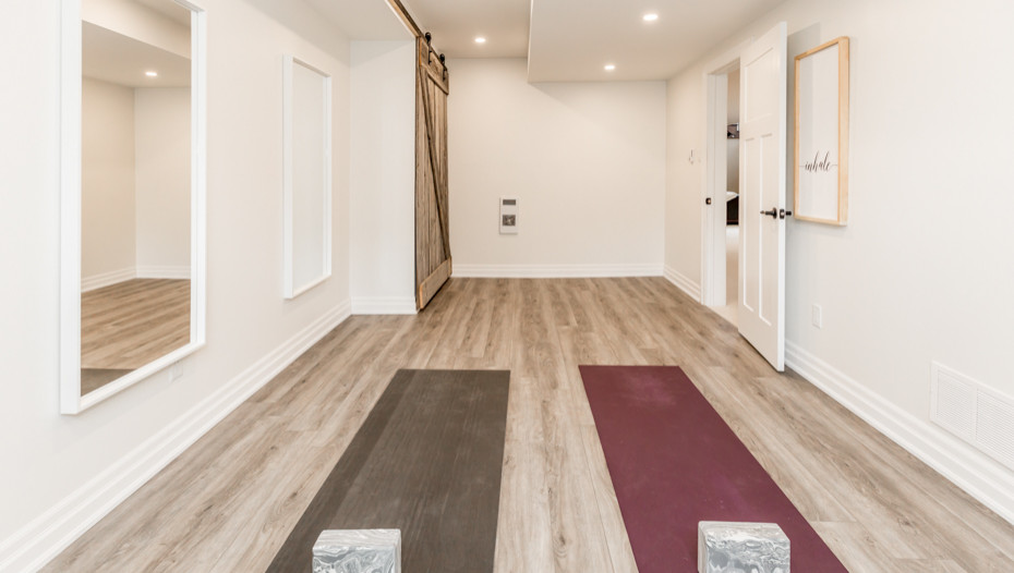 Inspiration for a mid-sized transitional look-out laminate floor and multicolored floor basement remodel with white walls