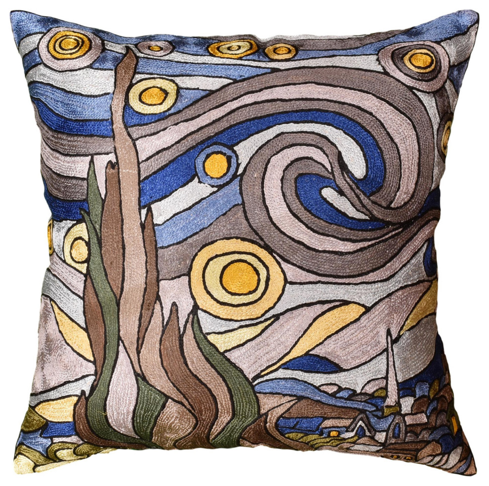 Blue Starry Night Pillow Cover Van Gogh Sofa Throw Pillow Handmade Artsilk 18x18 Contemporary Decorative Pillows By Kashmir Fine Arts Crafts