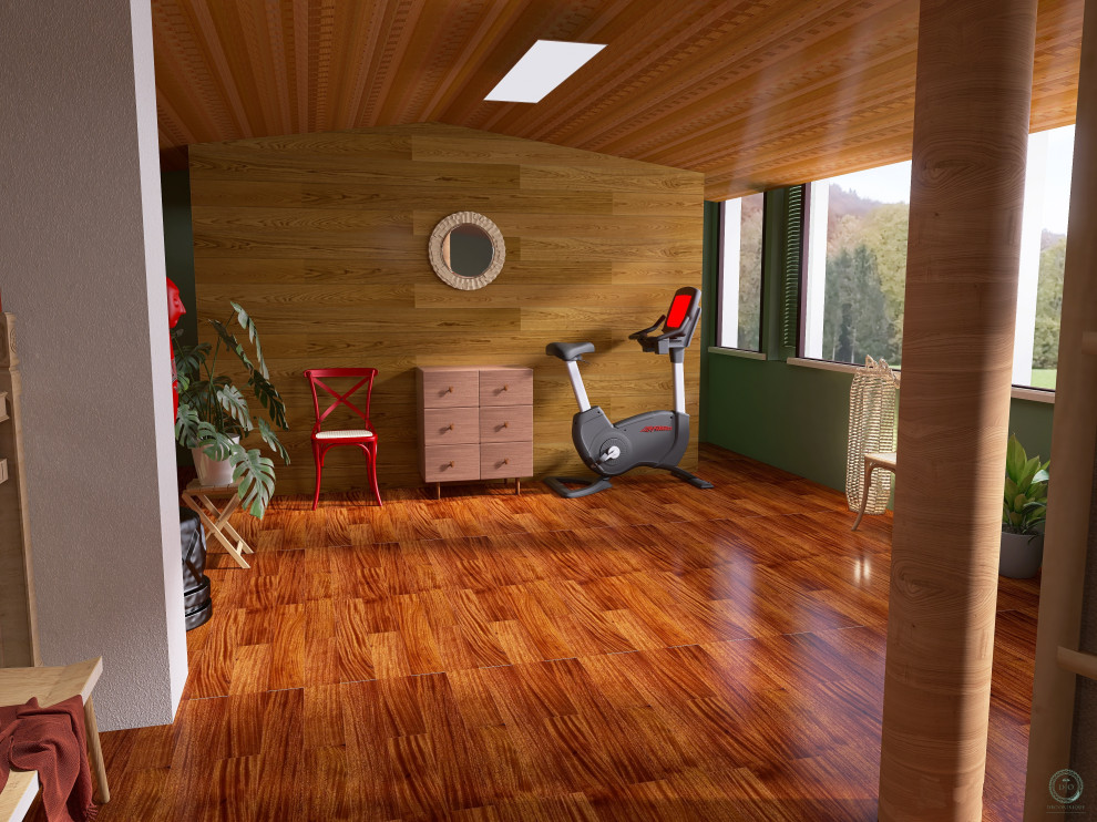 Inspiration pour une grande salle de sport minimaliste multi-usage avec un mur vert, parquet foncé, un sol marron et un plafond voûté.
