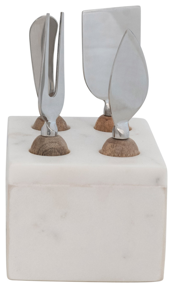 Modern Stainless Steel Cheese Servers with Wood Handles and Marble Stand
