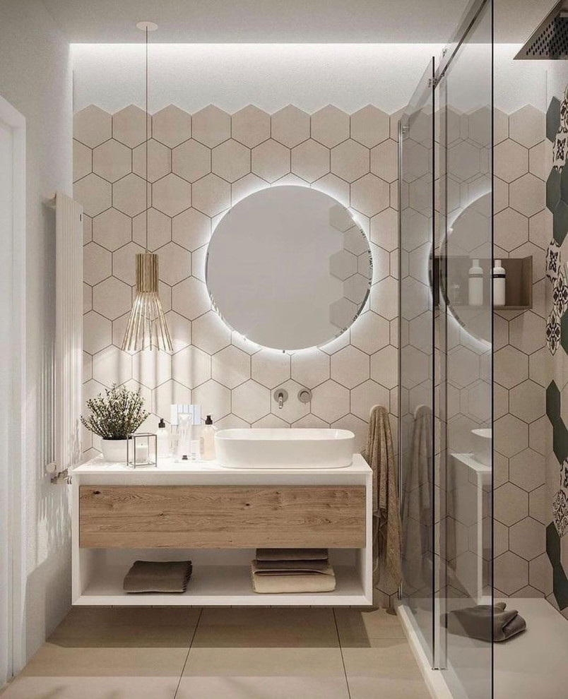 Design ideas for a mid-sized contemporary master bathroom in Seattle with light wood cabinets, a corner shower, a one-piece toilet, white tile, ceramic tile, white walls, cement tiles, a vessel sink, engineered quartz benchtops, beige floor, a sliding shower screen, white benchtops, a niche, a single vanity, a floating vanity and decorative wall panelling.