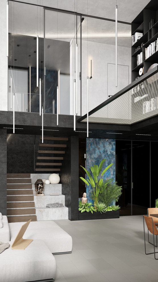 This is an example of a large contemporary wood u-shaped staircase in Other with wood risers and glass railing.