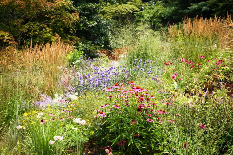 Idée de décoration pour un grand jardin à la française arrière minimaliste l'été avec un massif de fleurs, une exposition ensoleillée et des pavés en pierre naturelle.