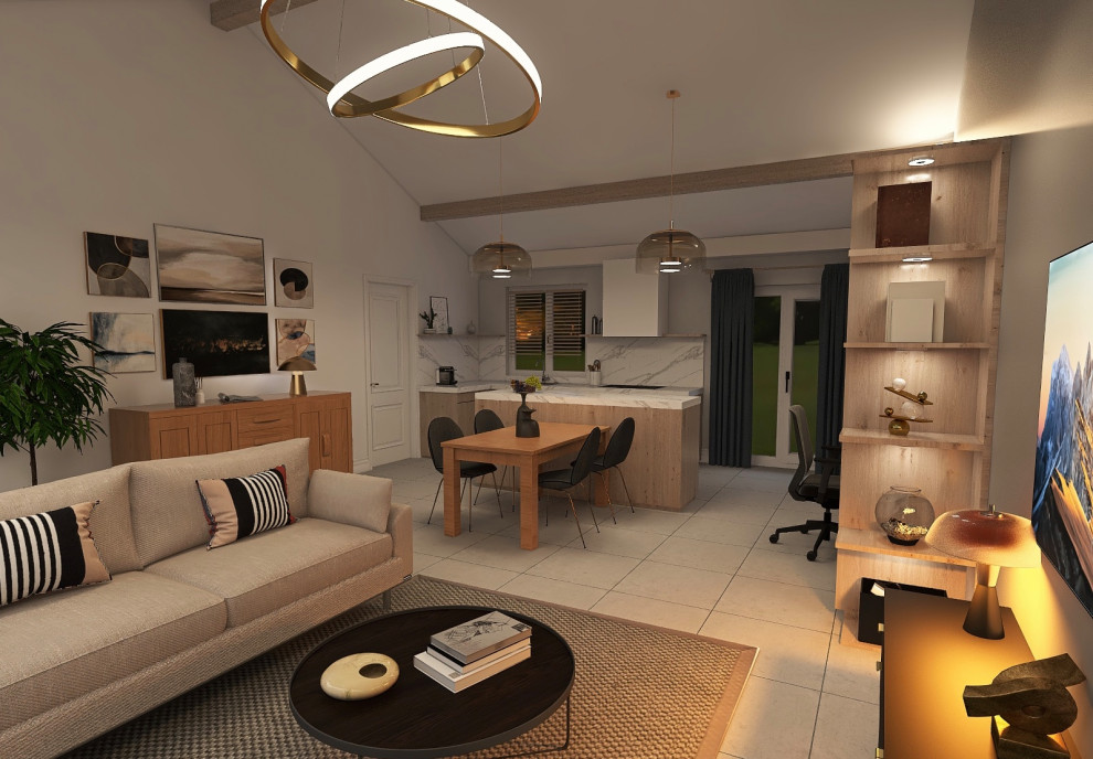 Стильный дизайн: большая открытая гостиная комната:: освещение в современном стиле с серыми стенами, полом из керамической плитки, телевизором на стене, серым полом и балками на потолке - последний тренд
