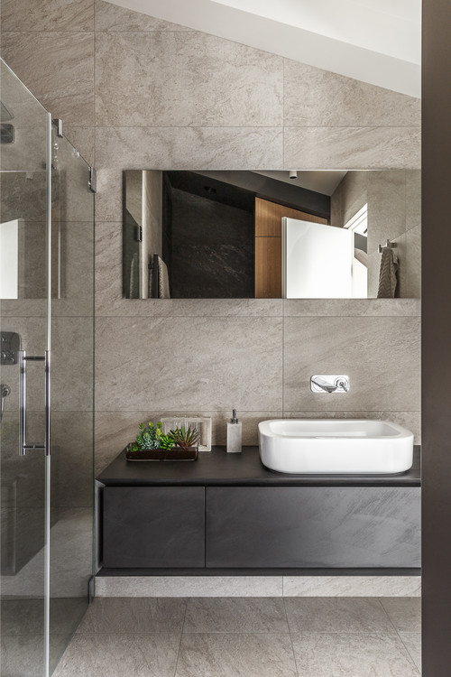 Contemporary Elegance: Black Bathroom Vanity Ideas with Sleek Beige Tiles