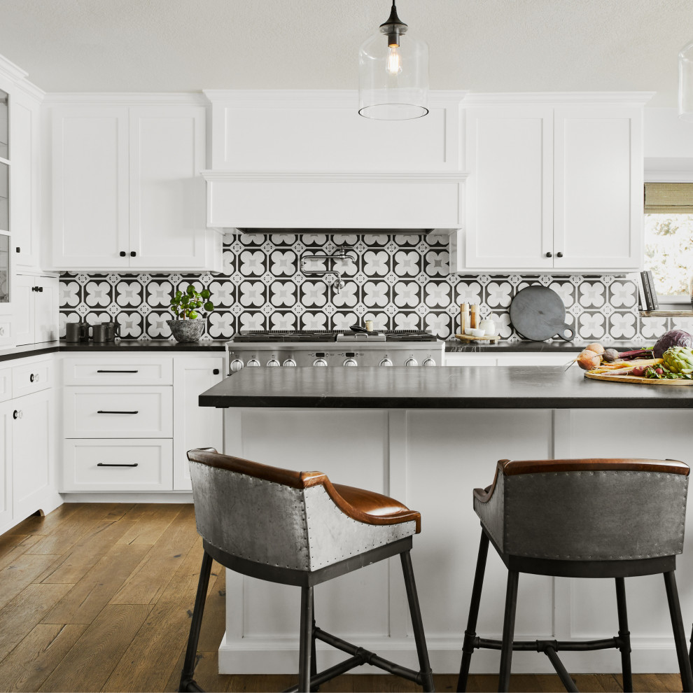 Cementine Black and White Porcelain Tiles Kitchen - Fusion - Kitchen ...
