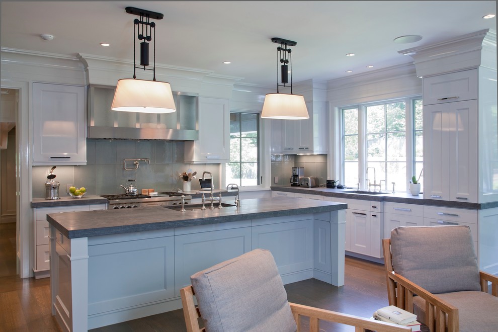 Photo of a transitional kitchen in Boston with shaker cabinets and stainless steel appliances.