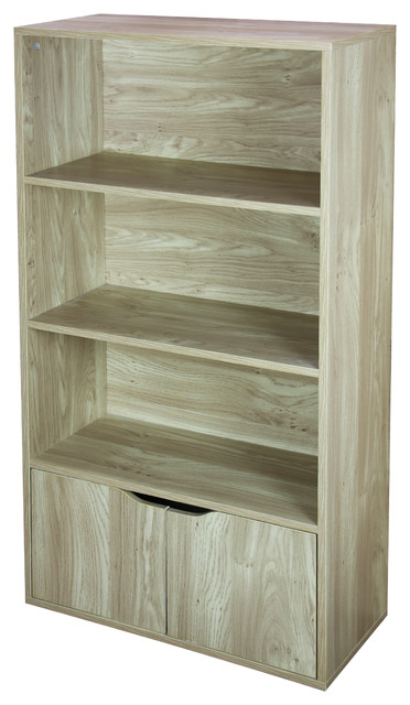 3 Tier Wood Bookcase Doors Natural Transitional Bookcases