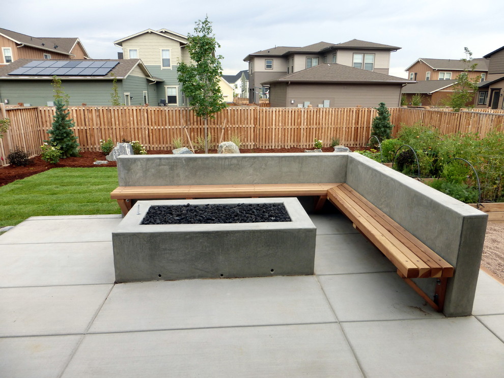 Asian backyard garden in Denver with a fire feature and concrete pavers.