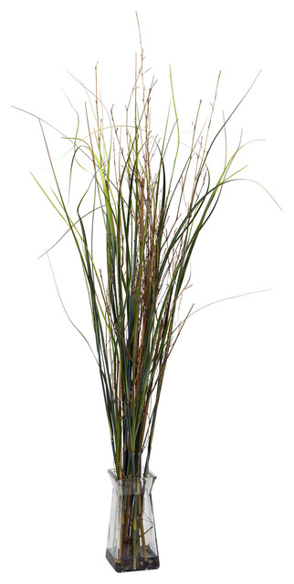 Grass and Bamboo With Glass Vase Silk Plant Arrangement