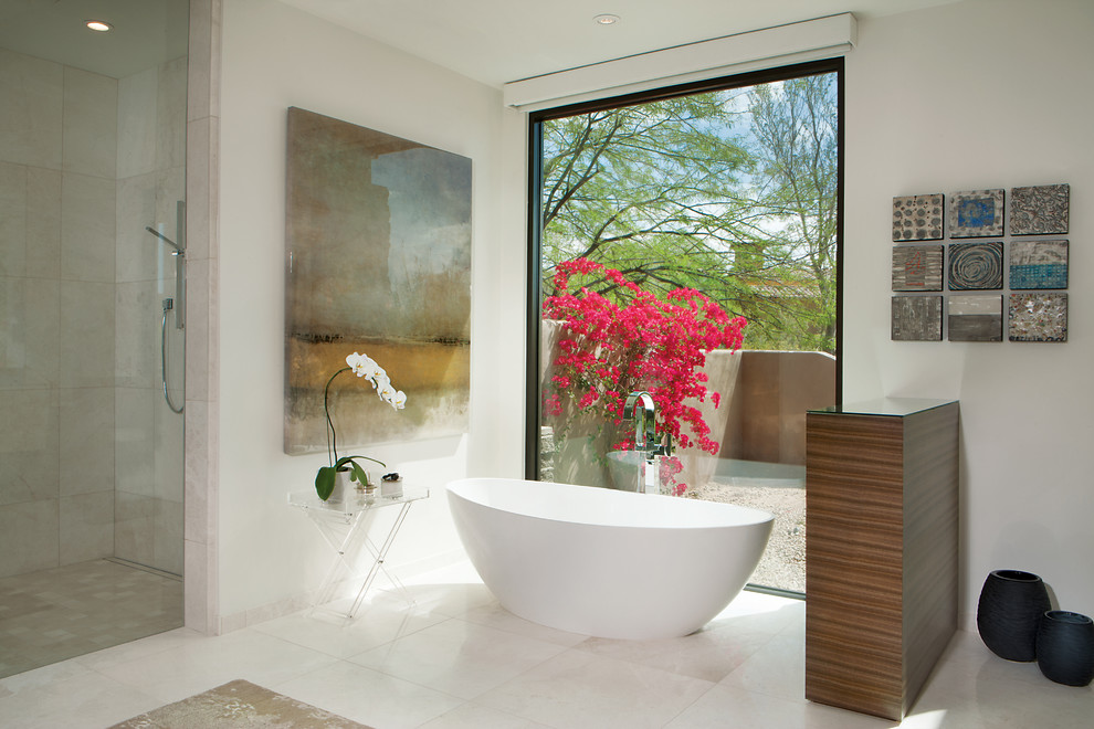 Design ideas for a large contemporary master bathroom in Phoenix with a freestanding tub, a curbless shower, white walls, a vessel sink, flat-panel cabinets, medium wood cabinets, a one-piece toilet, white tile, marble, marble floors, engineered quartz benchtops, white floor and an open shower.