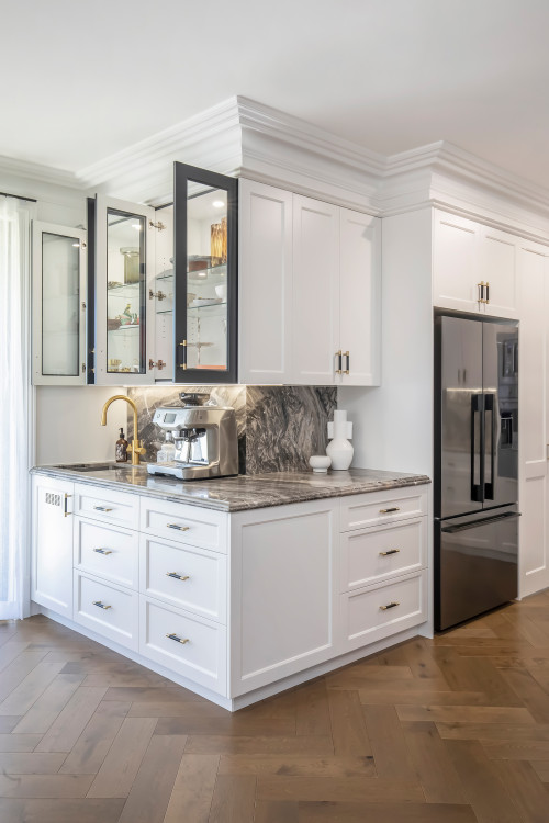 Granite Backsplash Glamour: Luxurious Kitchen Coffee Bar Inspirations Await