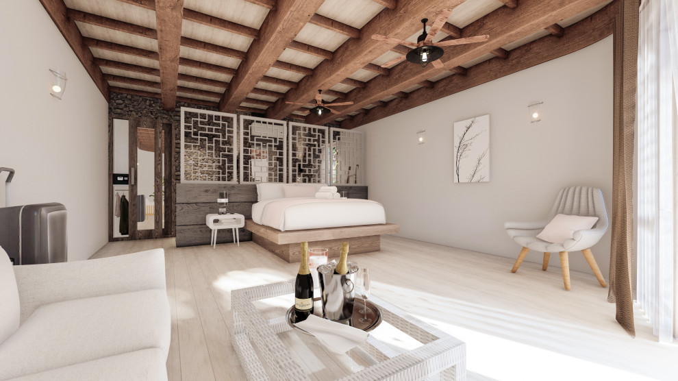 Exemple d'une très grande chambre parentale blanche et bois exotique en bois avec un mur beige, parquet clair, aucune cheminée, un sol beige et un plafond en bois.
