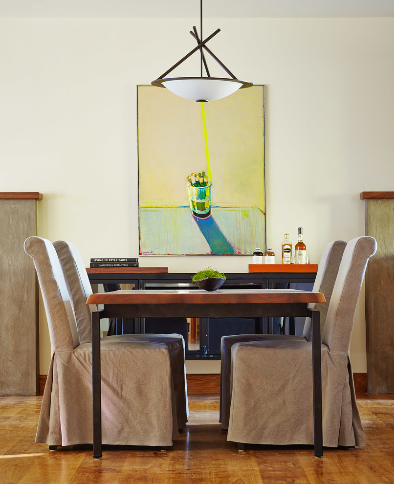 Inspiration for a contemporary dining room in San Francisco with white walls and medium hardwood floors.