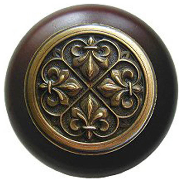 FleurdeLis Wood Knob, Antique Brass, Dark Walnut Wood Finish
