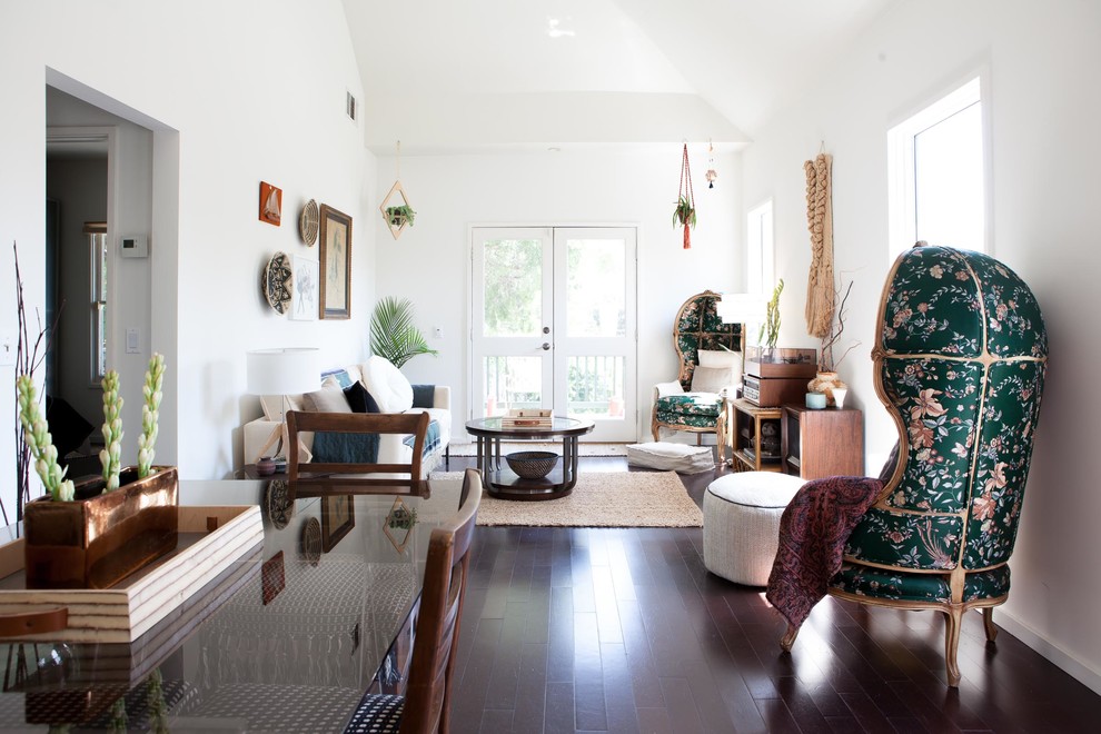 Living room - mid-sized mid-century modern enclosed dark wood floor and brown floor living room idea in Los Angeles with white walls, no fireplace and no tv