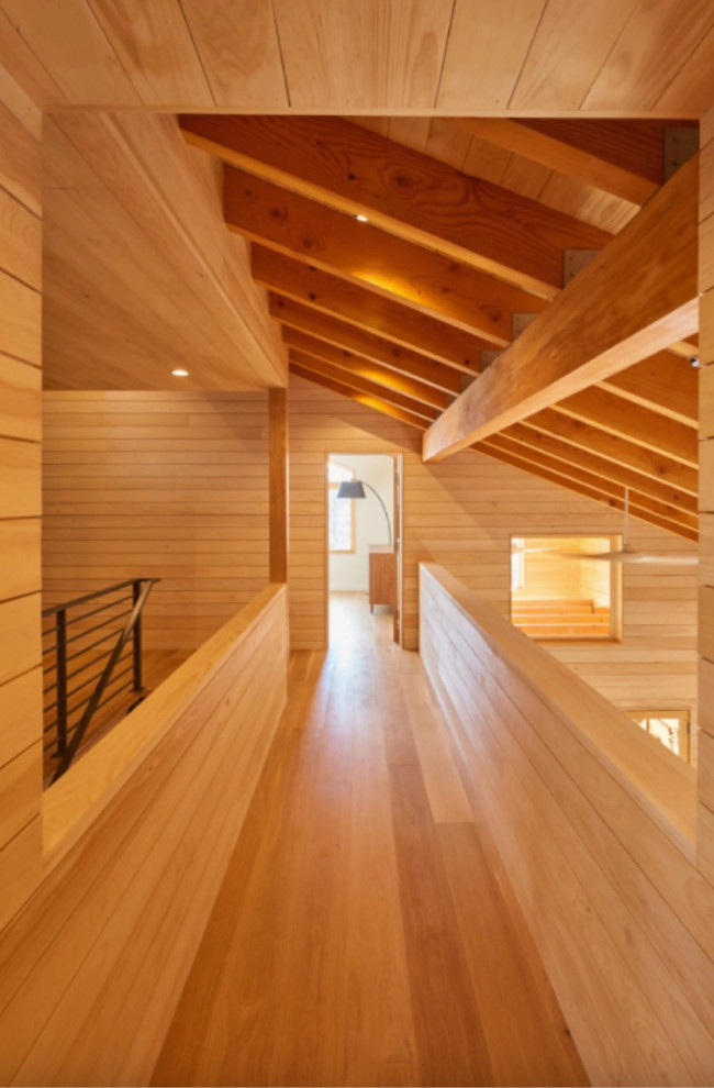 Photo of a modern hallway in Burlington with medium hardwood floors, wood and wood walls.