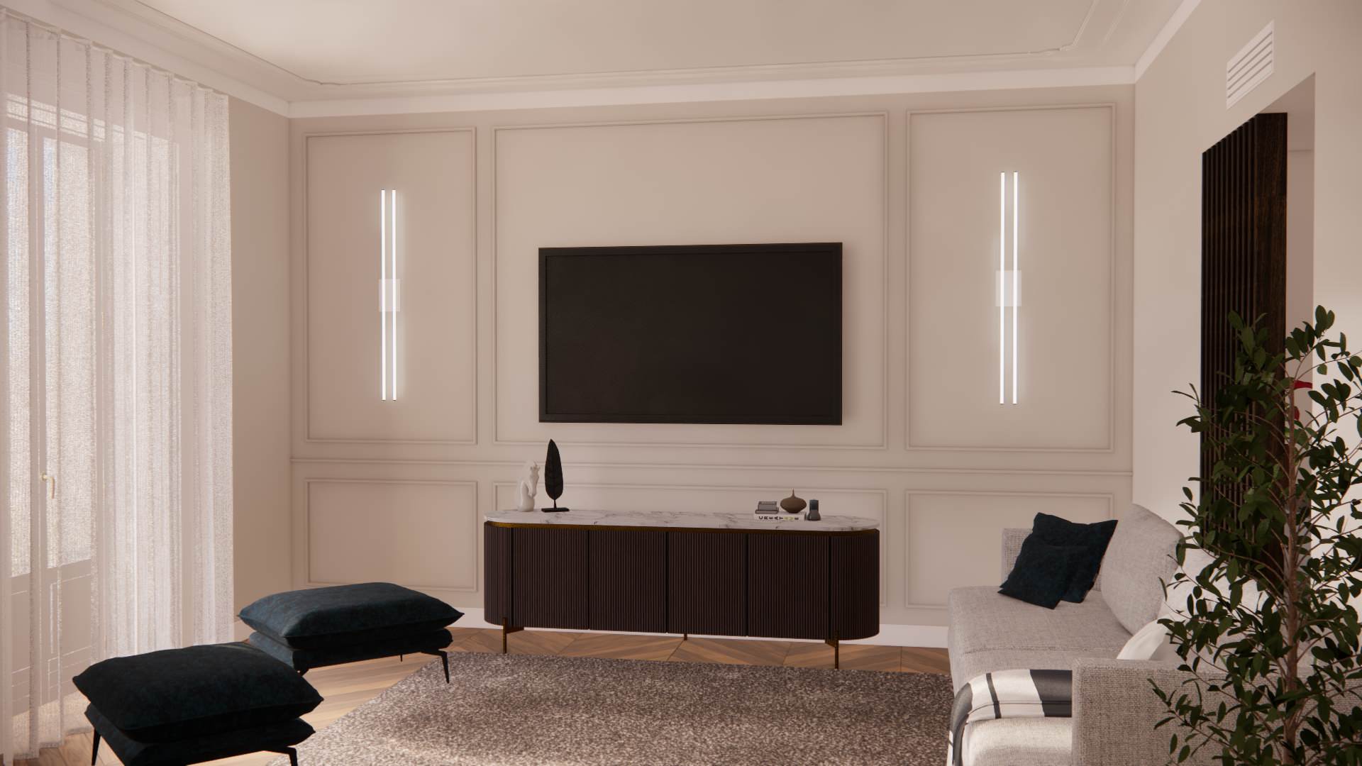 VIA CRIVELLI | render - Luminoso salotto dai colori neutri