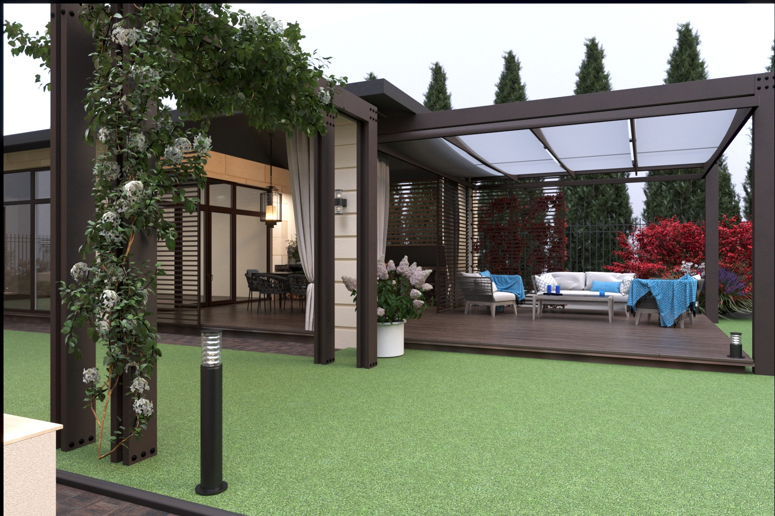 Ландшафтный проект участка с зоной барбекю и банным комплексом..