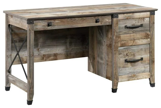 Farmhouse Desk, Wood Top With Lower Storage Drawer & Metal Handles, Rustic Cedar