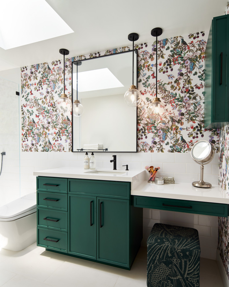 Photo of a medium sized rural bathroom in Atlanta with green cabinets, an alcove shower, a one-piece toilet, white tiles, ceramic tiles, porcelain flooring, a submerged sink, engineered stone worktops, white floors, a hinged door, white worktops, a shower bench and a single sink.
