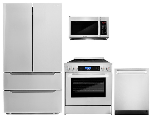 4Piece, 30" Microwave, 30" Electric Range, Dishwasher and Refrigerator